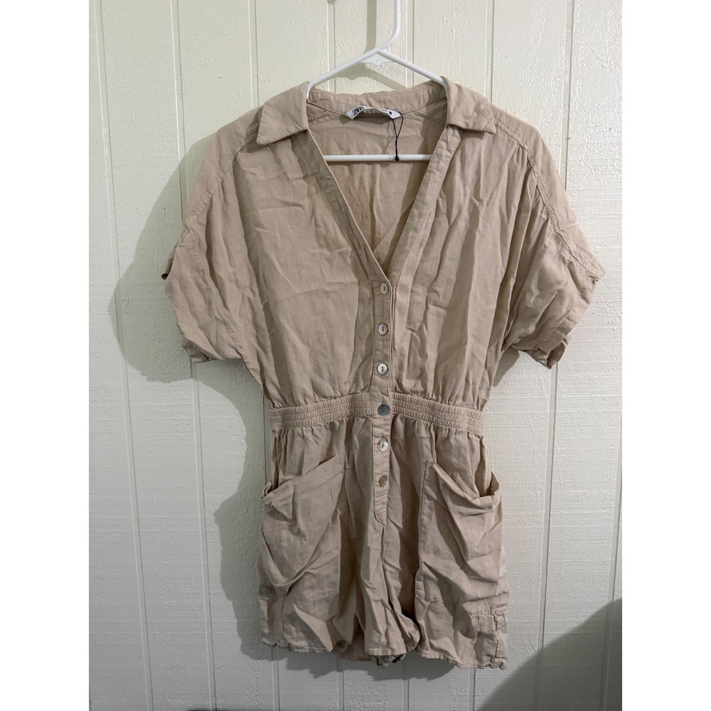 Zara Women Beige Linen Blend Button Front Elastic Waist Romper XS New